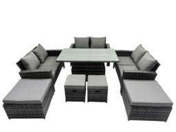 Rackhams Outdoor Love Sofa Set 10 Seat Rattan Garden Furniture Set with Adjustable Lifting Dining or Coffee Table Dark Grey Mixed
