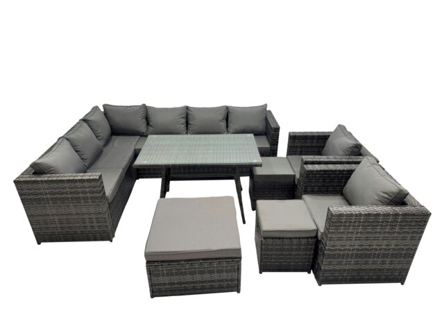 Rackhams 11 seater Outdoor PE Rattan Sofa Set with Dining Table Patio Garden Furniture Sets with 2 Chair 3 Stools Dark Grey Mixed - image 1