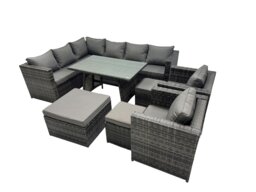 Rackhams 11 seater Outdoor PE Rattan Sofa Set with Dining Table Patio Garden Furniture Sets with 2 Chair 3 Stools Dark Grey Mixed - thumbnail 2