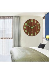 Rackhams 30cm Imitation Walnut Grain Luminous Arabic Numerals Wall Clock - Brown - thumbnail 1
