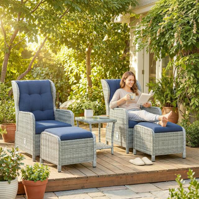 Rackhams Garden Furniture Set, Rattan Reclining Garden Chair Set, Dark Blue - Modular sofa - 5 - PE rattan, aluminium - image 1