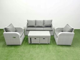 Rackhams PE Rattan Garden Furniture Set Reclining Chair Sofa Lounge Sofa Set Rectangular Coffee Table 2 Small Stools Light Grey - thumbnail 2