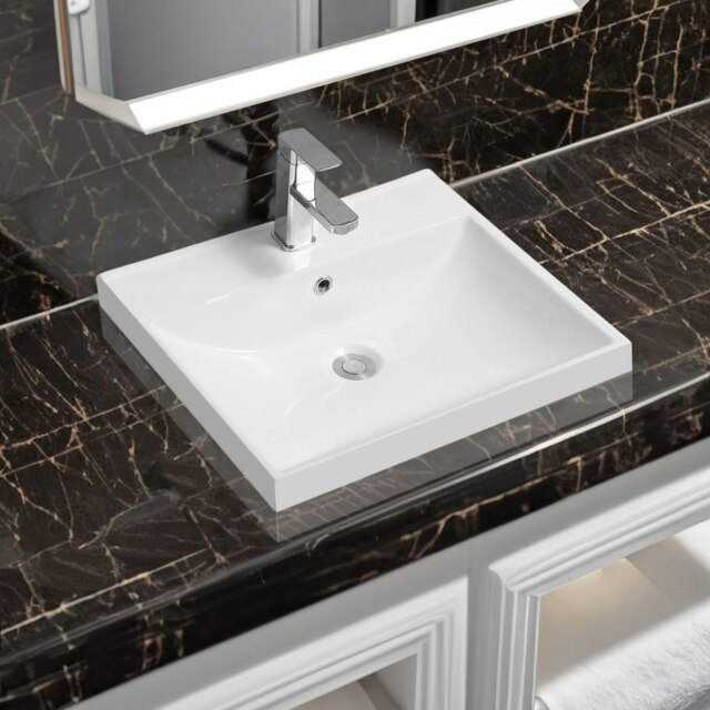 Rackhams 5409 Ceramic 51cm Thick-Edge Inset Basin with Scooped Full Bowl - White - Ceramic - 51cm