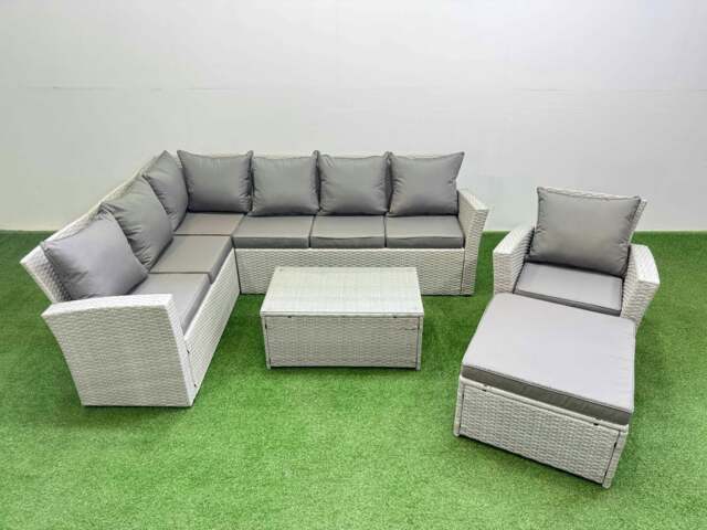 Rackhams 8 Seater Garden Outdoor PE Rattan Furniture Set Rattan Garden Sofa Sets with Big Footstool Light Grey Mixed - image 1