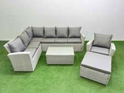 Rackhams 8 Seater Garden Outdoor PE Rattan Furniture Set Rattan Garden Sofa Sets with Big Footstool Light Grey Mixed - thumbnail 1