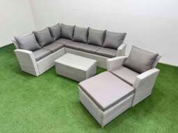 Rackhams 8 Seater Garden Outdoor PE Rattan Furniture Set Rattan Garden Sofa Sets with Big Footstool Light Grey Mixed - thumbnail 2