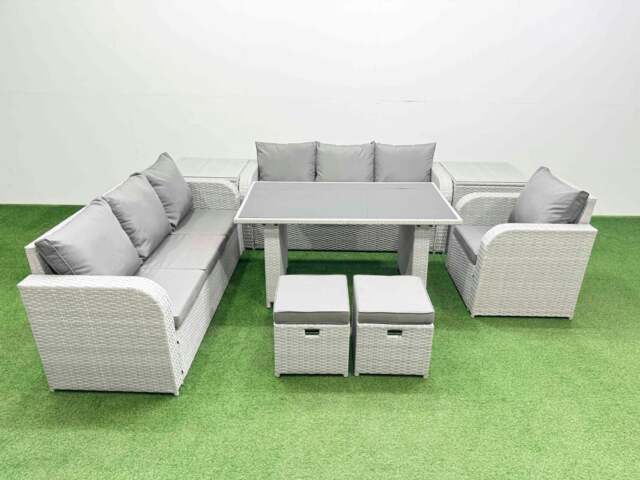 Rackhams Rattan Garden Furniture Dining Set 9 seater Patio Rectangular Table Sofa Set with 2 Side Tables 2 Small Stools Light Grey - image 1