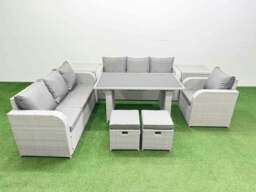 Rackhams Rattan Garden Furniture Dining Set 9 seater Patio Rectangular Table Sofa Set with 2 Side Tables 2 Small Stools Light Grey - thumbnail 1