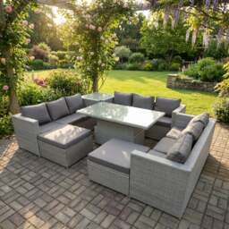 Rackhams 11 Seater Rattan Outdoor Garden Furniture Set with Height Adjustable Table, 3 Sofas, 1 Side Table, 2 Footstools - Light Grey