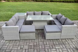 Rackhams 11 Seater Rattan Outdoor Garden Furniture Set with Height Adjustable Table, 3 Sofas, 1 Side Table, 2 Footstools - Light Grey - thumbnail 2