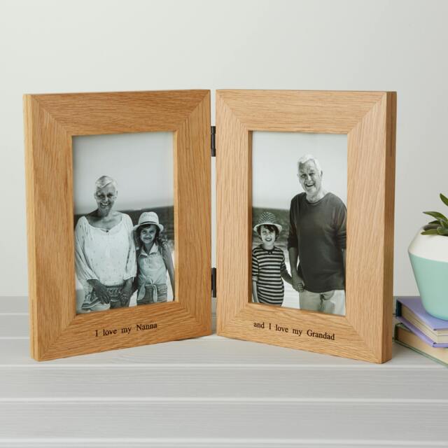 "Rackhams Personalised Solid Oak Hinged Double Picture Frame - For 6x4"" or 7x5"" Photos - For 7""x5"" photos - Engraved + Prints" - image 1