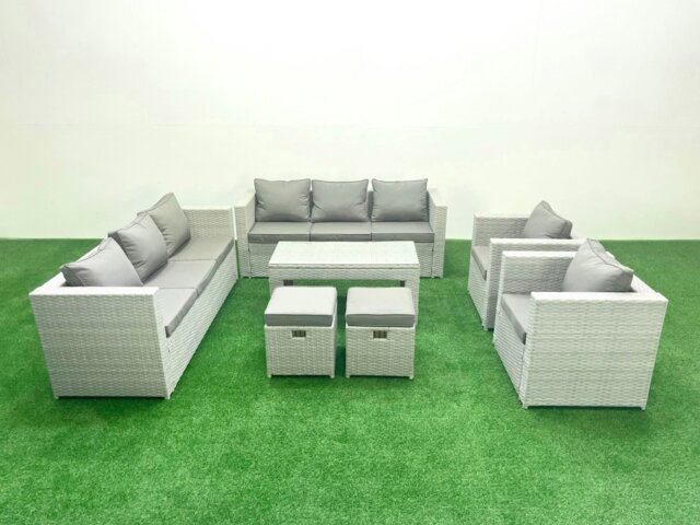 Rackhams Outdoor Garden Furniture Rattan Sofa Set with 2 Armchairs Oblong Coffee Table 2 Small Footstools Light Grey Mixed - image 1