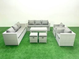Rackhams Outdoor Garden Furniture Rattan Sofa Set with 2 Armchairs Oblong Coffee Table 2 Small Footstools Light Grey Mixed - thumbnail 2