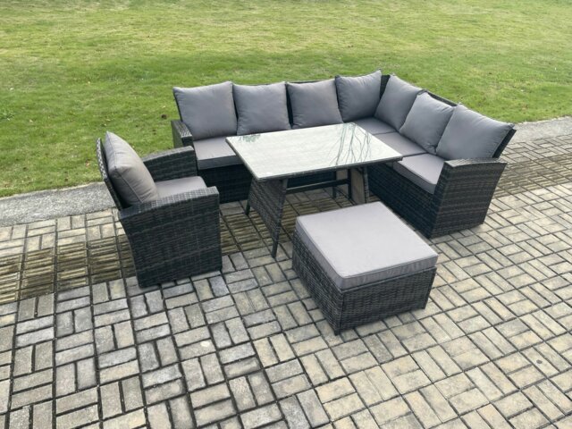 Rackhams High Back Outdoor Garden Furniture Set Rattan Corner Sofa Dining Table Set With Armchair Big Footstool 8 Seater Dark Grey Mixed - image 1