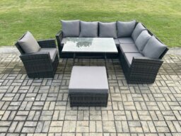 Rackhams High Back Outdoor Garden Furniture Set Rattan Corner Sofa Dining Table Set With Armchair Big Footstool 8 Seater Dark Grey Mixed - thumbnail 2