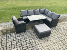 Rackhams High Back Outdoor Garden Furniture Set Rattan Corner Sofa Dining Table Set With Armchair Big Footstool 8 Seater Dark Grey Mixed - thumbnail 1