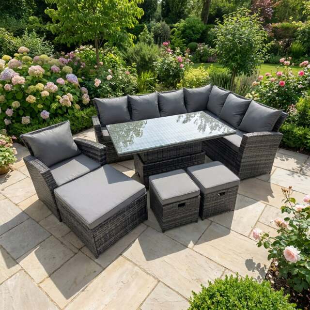 Rackhams 10 Seater Rattan Garden Furniture Set with Corner Sofa, Adjustable Lifting Dining or Coffee Table & 3 Footstools - Dark Grey - image 1