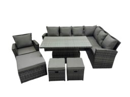 Rackhams 10 Seater Rattan Garden Furniture Set with Corner Sofa, Adjustable Lifting Dining or Coffee Table & 3 Footstools - Dark Grey - thumbnail 3