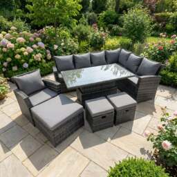 Rackhams 10 Seater Rattan Garden Furniture Set with Corner Sofa, Adjustable Lifting Dining or Coffee Table & 3 Footstools - Dark Grey - thumbnail 1