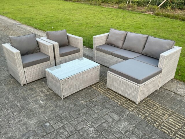 Rackhams Light Grey Lounge Outdoor PE Rattan Garden Furniture Set Wicker Sofa Set Oblong Coffee Table With 2 Armchair - image 1