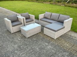 Rackhams Light Grey Lounge Outdoor PE Rattan Garden Furniture Set Wicker Sofa Set Oblong Coffee Table With 2 Armchair - thumbnail 2