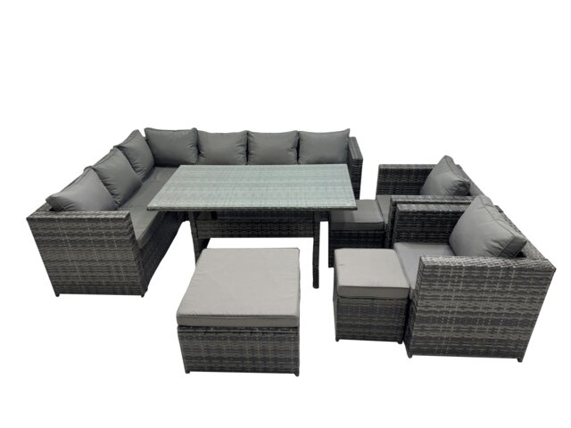 Rackhams Outdoor PE Rattan Sofa Set with Dining Table Patio Garden Furniture Sets with 3 Stool Dark Grey Mixed - image 1