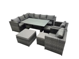 Rackhams Outdoor PE Rattan Sofa Set with Dining Table Patio Garden Furniture Sets with 3 Stool Dark Grey Mixed - thumbnail 2