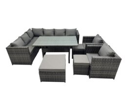 Rackhams Outdoor PE Rattan Sofa Set with Dining Table Patio Garden Furniture Sets with 3 Stool Dark Grey Mixed - thumbnail 1