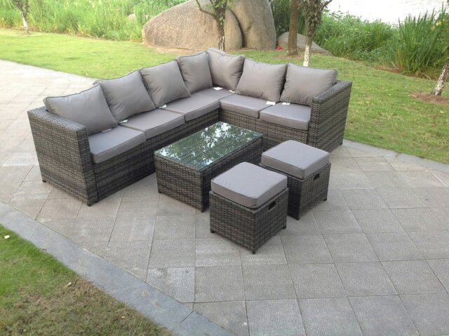 Rackhams 8 Seater Rattan Corner Sofa Set Coffee Table Stool Garden Furniture Outdoor - image 1