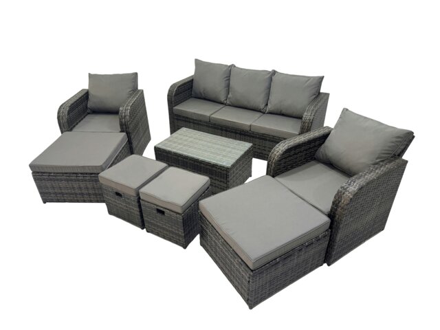 Rackhams Outdoor Reclining Chair 3 Seater Sofa Coffee Table Set Garden Rattan Furniture Set 9 Seater with 4 Stools Dark Grey - image 1