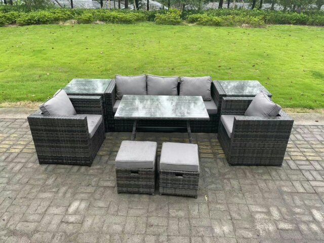 Rackhams Rattan Outdoor Furniture Sofa Garden Dining Set with Dining Table 2 Armchairs 2 Side Tables Small Stools Dark Grey Mixed - image 1