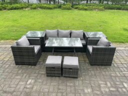 Rackhams Rattan Outdoor Furniture Sofa Garden Dining Set with Dining Table 2 Armchairs 2 Side Tables Small Stools Dark Grey Mixed - thumbnail 1