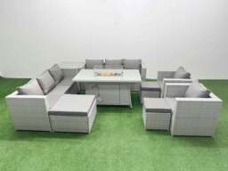 Rackhams 11 Seater Rattan Outdoor Garden Furniture Set with Fire Pit Dining Table, 2 Sofas, 2 Chairs, 3 Footstools & Side Table - Light Grey - thumbnail 2
