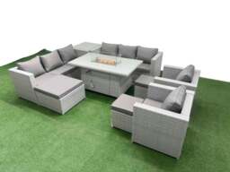 Rackhams 11 Seater Rattan Outdoor Garden Furniture Set with Fire Pit Dining Table, 2 Sofas, 2 Chairs, 3 Footstools & Side Table - Light Grey - thumbnail 3