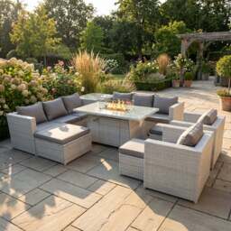 Rackhams 11 Seater Rattan Outdoor Garden Furniture Set with Fire Pit Dining Table, 2 Sofas, 2 Chairs, 3 Footstools & Side Table - Light Grey - thumbnail 1