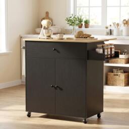 Rackhams Kitchen Island with Drop Leaf, Rolling Kitchen Storage Trolley, Black