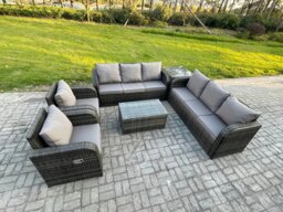 Rackhams Rattan Outdoor Garden Furniture Sofa Set Patio Table & Chairs Set with 3 Seater Sofa Reclining Chair Side Table Dark Grey Mixed - thumbnail 2