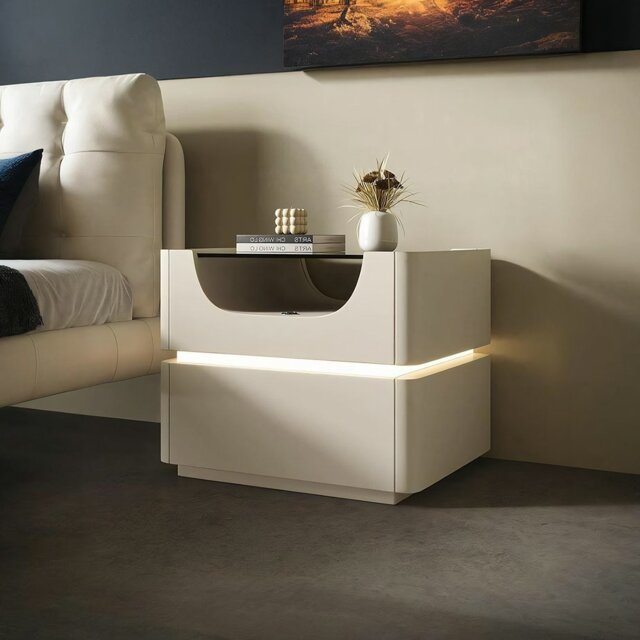 Rackhams Candice Bedside Table with LED, Cream - image 1