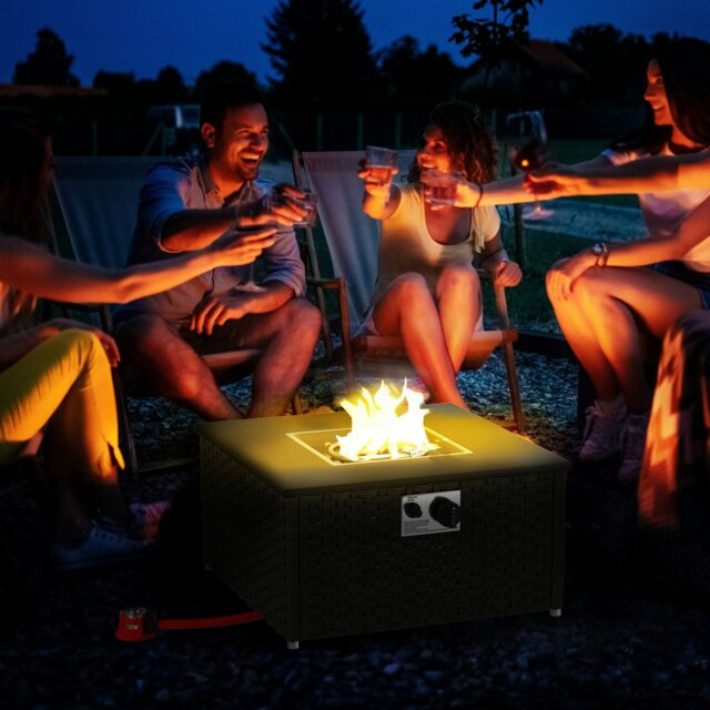 Rackhams 13 KW Rattan Gas Fire Pit Table, Propane Fire Pit for Garden, Grey - Grey - Steel, PE Rattan - 58 x 58 x 33 cm - image 1