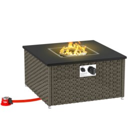 Rackhams 13 KW Rattan Gas Fire Pit Table, Propane Fire Pit for Garden, Grey - Grey - Steel, PE Rattan - 58 x 58 x 33 cm - thumbnail 2