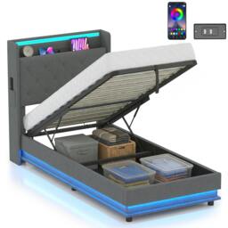 Rackhams Lift up Storage Bed Frame with RGB LED Lights, Dark Grey - Single - thumbnail 2