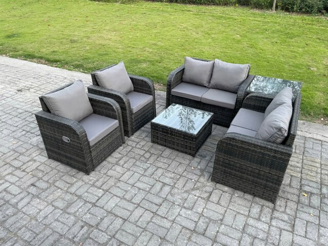 Rackhams 6 Seater Rattan Sofa Set Outdoor Garden Furniture Set with Square Coffee Table Loveseat Sofa Reclining Chairs Side Table Dark Grey Mixed - image 1