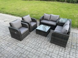 Rackhams 6 Seater Rattan Sofa Set Outdoor Garden Furniture Set with Square Coffee Table Loveseat Sofa Reclining Chairs Side Table Dark Grey Mixed - thumbnail 1