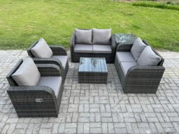 Rackhams 6 Seater Rattan Sofa Set Outdoor Garden Furniture Set with Square Coffee Table Loveseat Sofa Reclining Chairs Side Table Dark Grey Mixed - thumbnail 2