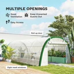 Rackhams Walk-in Polytunnel Greenhouse Tunnel Warm House Tent with Zipped Doors, 8 Mesh Windows, PE Cover, 6 x 3 m, White - thumbnail 4