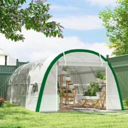 Rackhams Walk-in Polytunnel Greenhouse Tunnel Warm House Tent with Zipped Doors, 8 Mesh Windows, PE Cover, 6 x 3 m, White - thumbnail 2