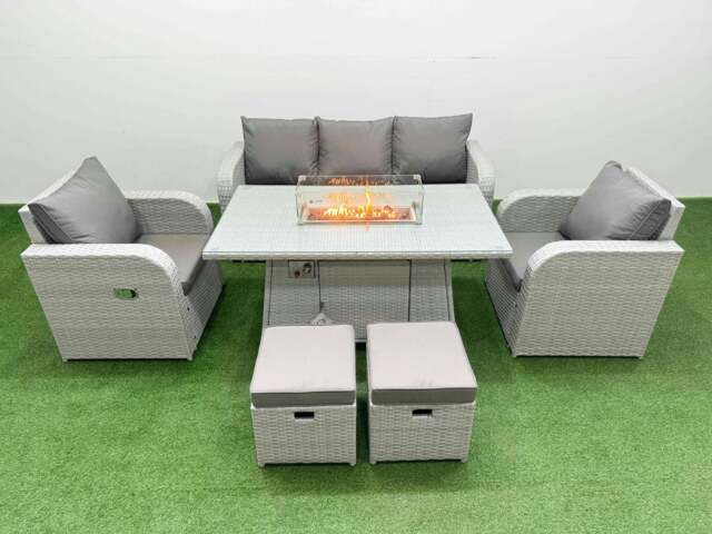 Rackhams PE Rattan Garden Furniture Set Reclining Chair Sofa Lounge Sofa Set Fire Pit Dining Table 2 Small Stools Light Grey - image 1