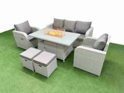 Rackhams PE Rattan Garden Furniture Set Reclining Chair Sofa Lounge Sofa Set Fire Pit Dining Table 2 Small Stools Light Grey - thumbnail 2