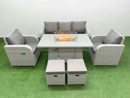 Rackhams PE Rattan Garden Furniture Set Reclining Chair Sofa Lounge Sofa Set Fire Pit Dining Table 2 Small Stools Light Grey - thumbnail 1