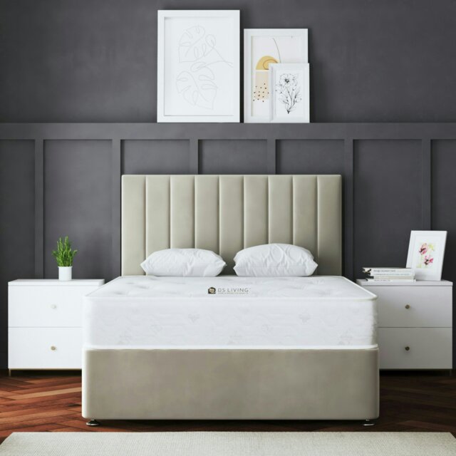Rackhams Amelia Divan Bed with Upholstered Headboard - Four Drawers - Beige - Small Double - image 1